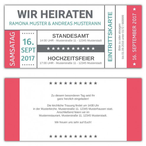 Einladungskarten zur Hochzeit als Ticket, Eintrittskarte