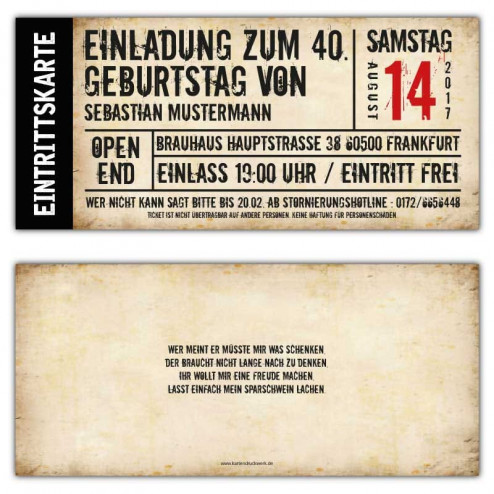 Einladung zum Geburtstag als Eintrittskarte, Ticket