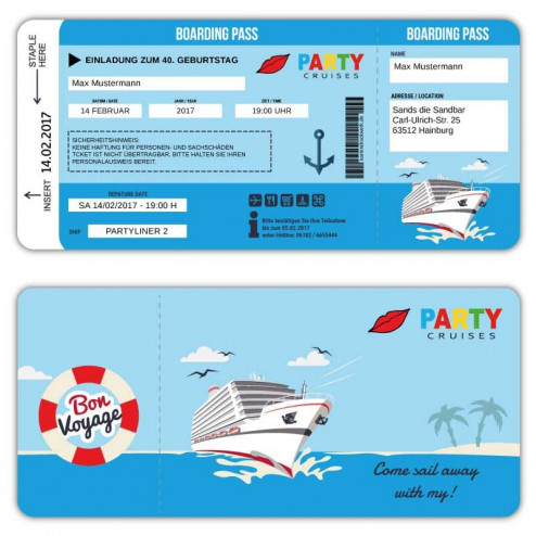 Einladung als Kreuzfahrtschiff Ticket Boardkarte