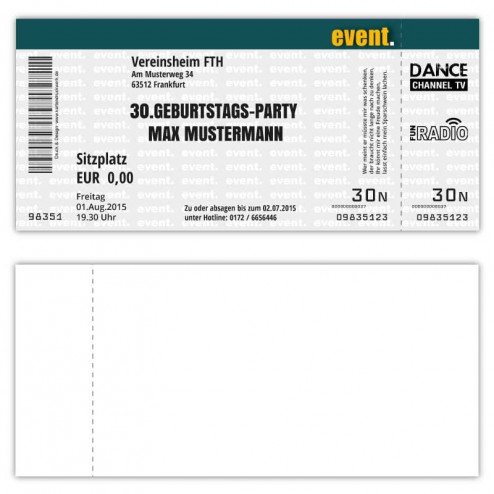 Einladungskarte zum Geburtstag als Eintrittskarte Ticket Konzertkarte Partyticket 