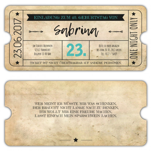 Einladungskarte als Eintrittskarte im Vintage Design