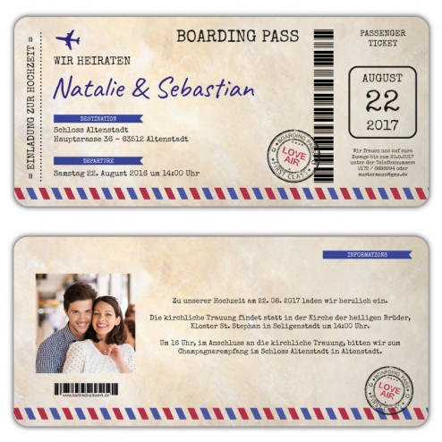 Hochzeitseinladung Flugticket Boarding Pass Vintage mit Foto