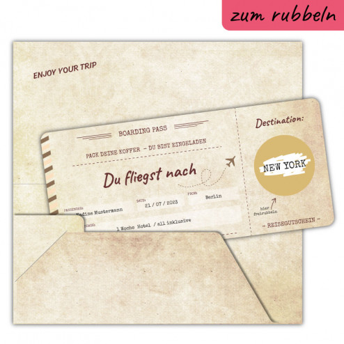 Gutschein Flugticket mit Rubbelfeld und Tickettasche