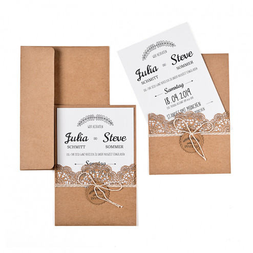 Hochzeitseinladung Kraftpapier mit Spitze Vintage