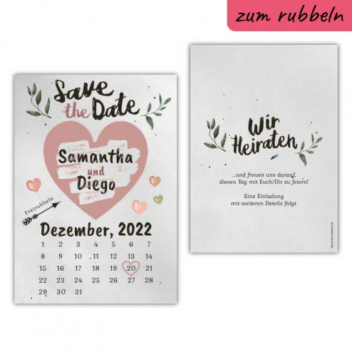 Save the Date Karte mit Rubbelherz Kraftpapier