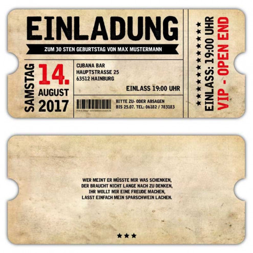 Einladung als Eintrittskarte VIP im Vintage Design