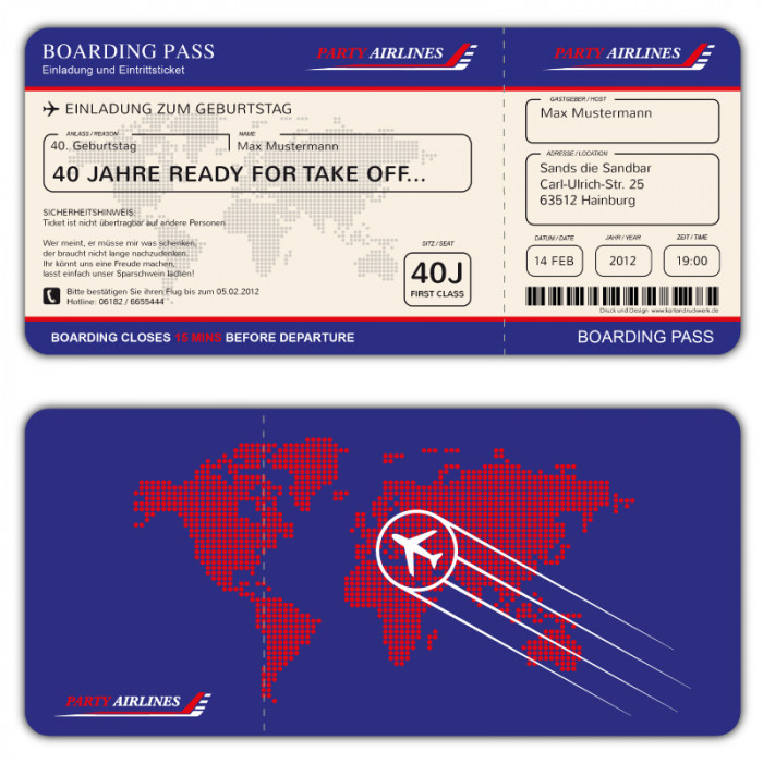 Boarding Pass Einladungskarten online selbst gestalten