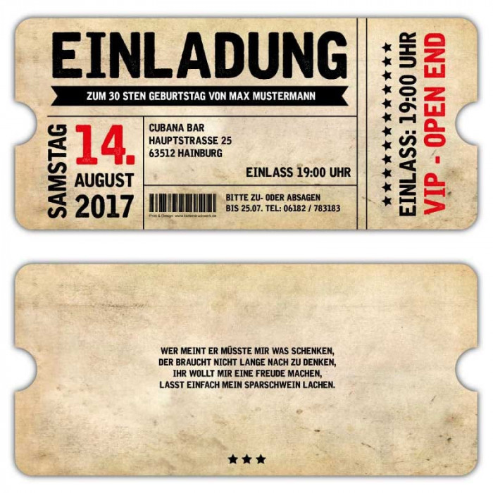 Einladung zum Geburtstag als Eintrittskarte Vintage VIP Ticket