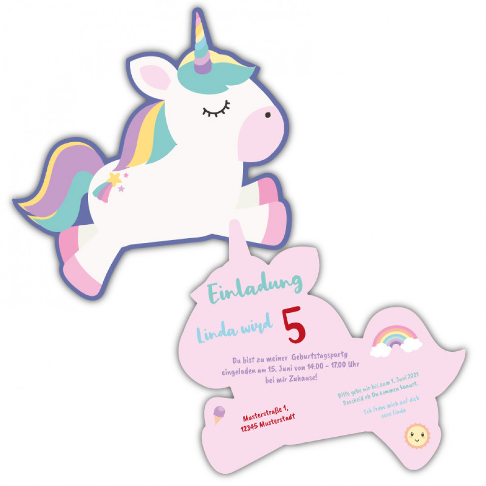 Einladungskarten Kindergeburtstag (Einhorn) - in Form eines Einhorns