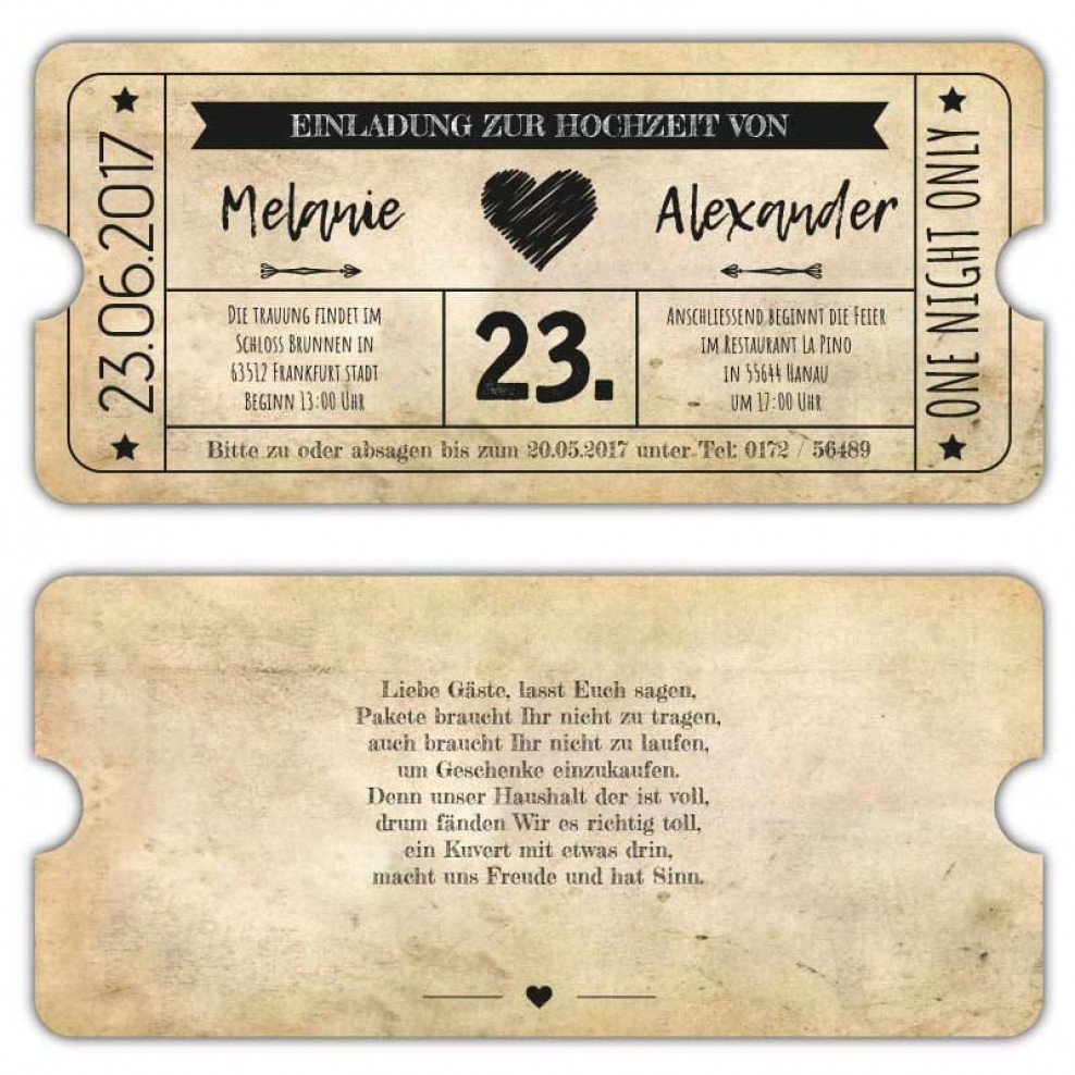 Einladungskarten zur Hochzeit 10 Stück als Eintrittskarte Vintage Herz Retro Einladung Karte in Rot