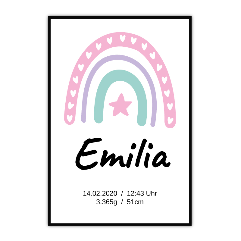 Geburtsposter Regenbogen mit Stern für Mädchen