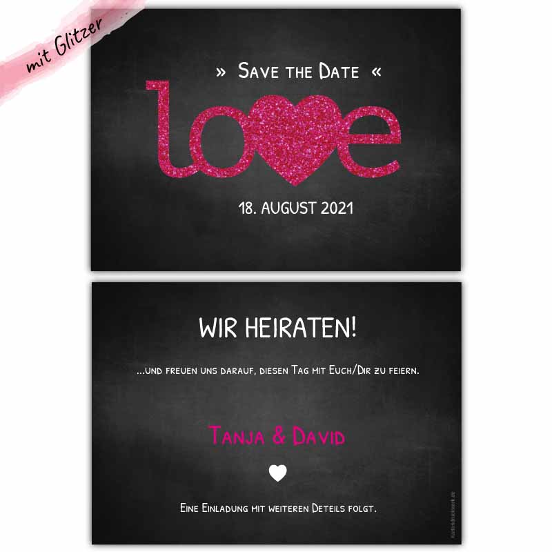 Save the Date Karte love mit Glitzer
